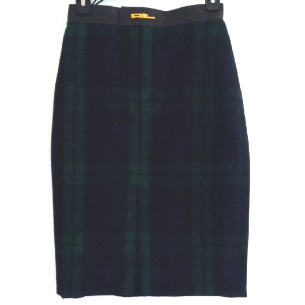 Ralph Lauren Black Label Cashmere Leather Women's Black and Green Plaid Skirt 0